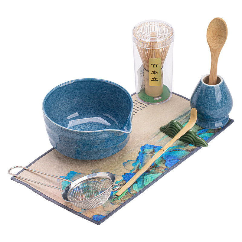 Bộ tám món matcha hoa văn sóng biển, bình trà gốm, đầu lá đứng, bát matcha, lưới lọc trà, gọi thiết bị matcha, trà đạo