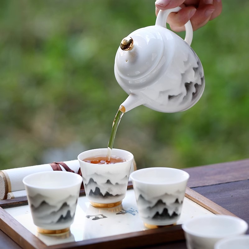 Bộ ấm trà Kung Fu bằng sứ trắng ngọc bích Dehua Bộ ấm trà gốm sứ gia dụng sang trọng nhẹ nhàng Moran Yayun Trọn Bộ quà lưu niệm