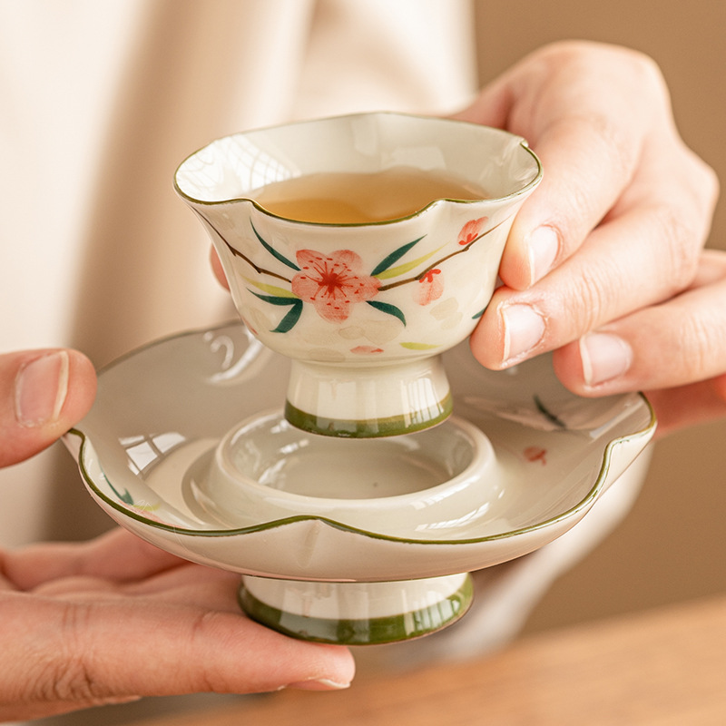 Bộ cốc và đĩa chân cao hoa đào vẽ tay cốc chủ nhân gốm sứ tinh xảo cao cấp cốc trà chuyên dụng cá nhân cốc trà bộ trà