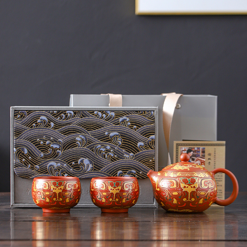 Ấm trà pha bùn cát tím cao cấp, ấm trà pha trà hai cốc, ấm trà đất sét tím, quà tặng công ty cho bố mẹ
