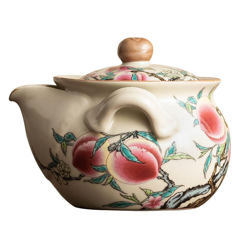Ấm cầm tay Ruyao Pastel Nine Peach Ruyi Ấm trà bộ trà Kung Fu gốm sứ Ấm trà gia dụng không nóng lọc tay