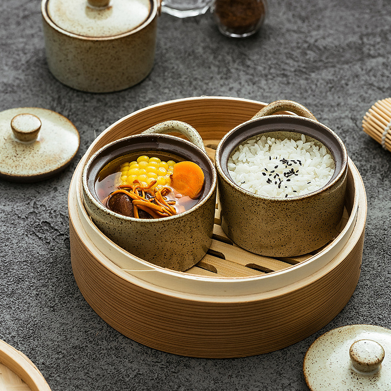 Cốc hầm yến sào kiểu Trung Quốc gốm thô cổ điển, cốc canh bếp, lọ gia vị, bình gốm sứ sáng tạo, cốc hầm, bát cơm hấp
