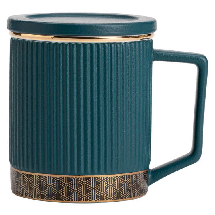 Cốc Mug sọc xanh kiểu Nhật Cốc pha trà tách trà có nắp Gốm Cốc uống nước công suất lớn cho văn phòng cá nhân