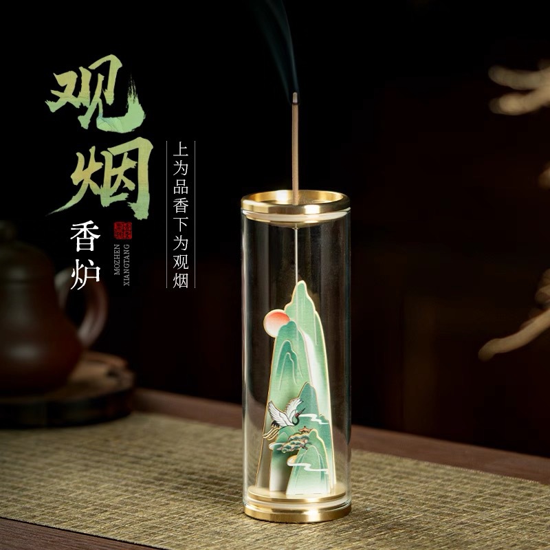 Qianli Jiangshan Glass View Smoke trào ngược lư hương đồng thau Trung Quốc hương thơm hộp quà tặng hộp quà tặng