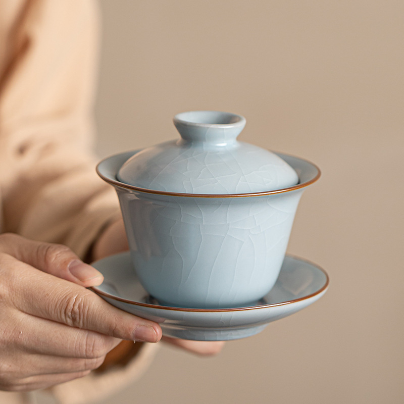Bộ ấm chén gaiwan ba món Ruyao Kiln, chất liệu gốm sứ gia dụng, cỡ lớn, có men nứt tạo hiệu ứng chỉ vàng.