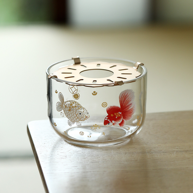 Bình giữ ấm trà thủy tinh borosilicate cao cấp, họa tiết cá, dùng trong gia đình, thích hợp để đun nóng trên bếp, phụ kiện trà đạo chịu nhiệt cao.