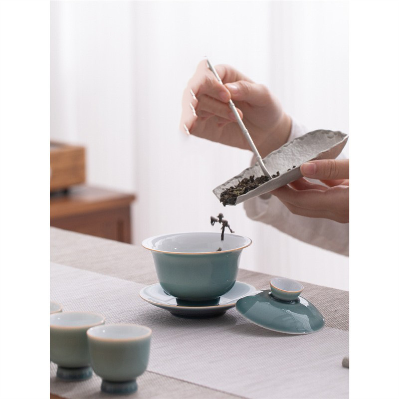 Yanyu Qingshan Sancai có nắp Bát trà đơn cao cấp có nắp Bát trà bộ trà men xám xanh không nóng