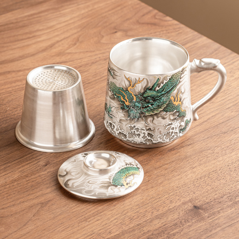 Cốc văn phòng Longteng Four Seas mạ bạc 999 cốc mug sang trọng nhẹ cao cấp có nắp tách trà tách trà cốc đơn