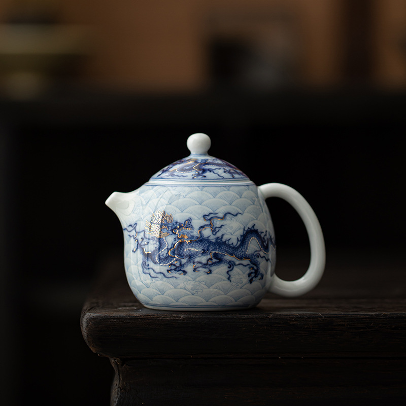 Ấm trứng rồng hoa văn rồng vàng bạc ấm trà gốm sứ ấm đơn dụng cụ pha trà Kung Fu cao cấp ấm pha trà gia dụng cổ điển dung tích nhỏ