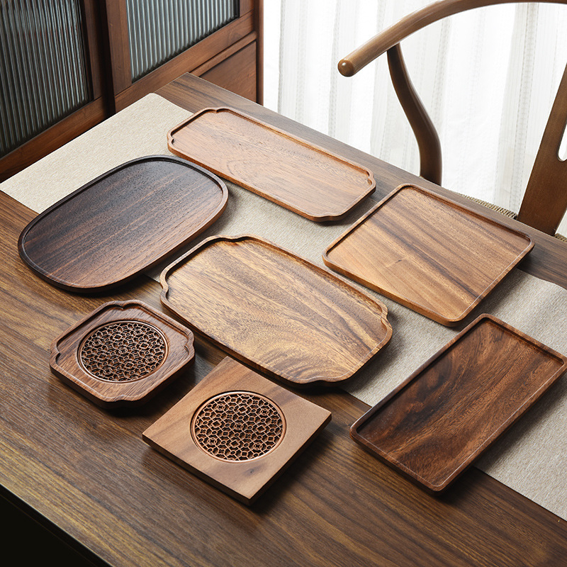 Khay trà gỗ óc chó kiểu Nhật, đĩa xốp khô, đĩa ăn bánh Bắc Âu hình tròn, đĩa trà dim sum sushi hình chữ nhật bằng gỗ