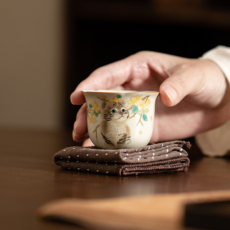 Cốc miệng hoa lò Hoàng Ru giả đời Tống, cốc trà gốm sứ, cốc chủ nhân mèo dễ thương, cốc uống trà gia dụng, cốc đơn, mở, có thể nâng