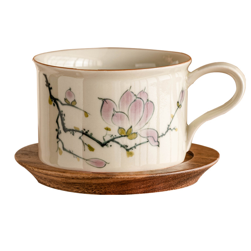 Bộ cốc và đĩa cà phê hoa mộc lan vẽ tay, cốc latte cao cấp, cốc trà chiều cao cấp tinh tế, cốc gốm sứ