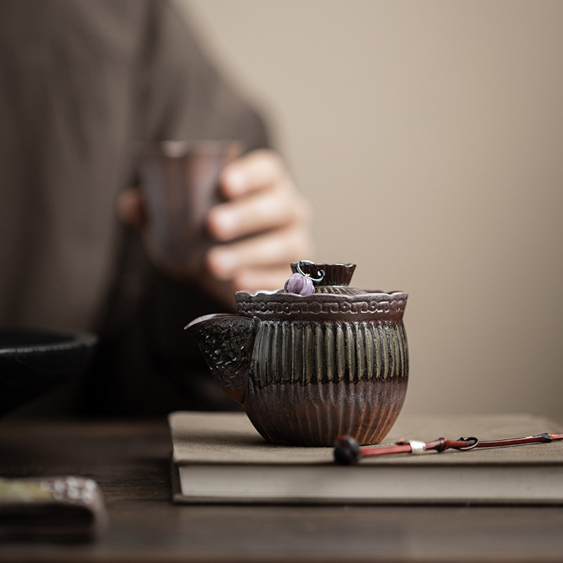 Ấm cầm tay kẻ sọc bùn đá cũ ấm trà gốm sứ thủ công cổ điển ấm trà công phu ấm đơn gia dụng nhỏ không nóng