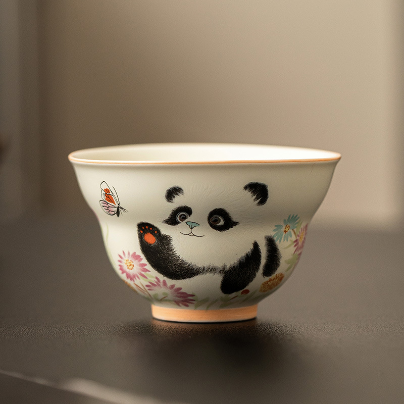 Cốc trà gấu trúc tráng men màu vàng cốc chủ nhân cốc trà Kung Fu dung tích lớn cốc trà gốm sứ cốc trà hộp quà