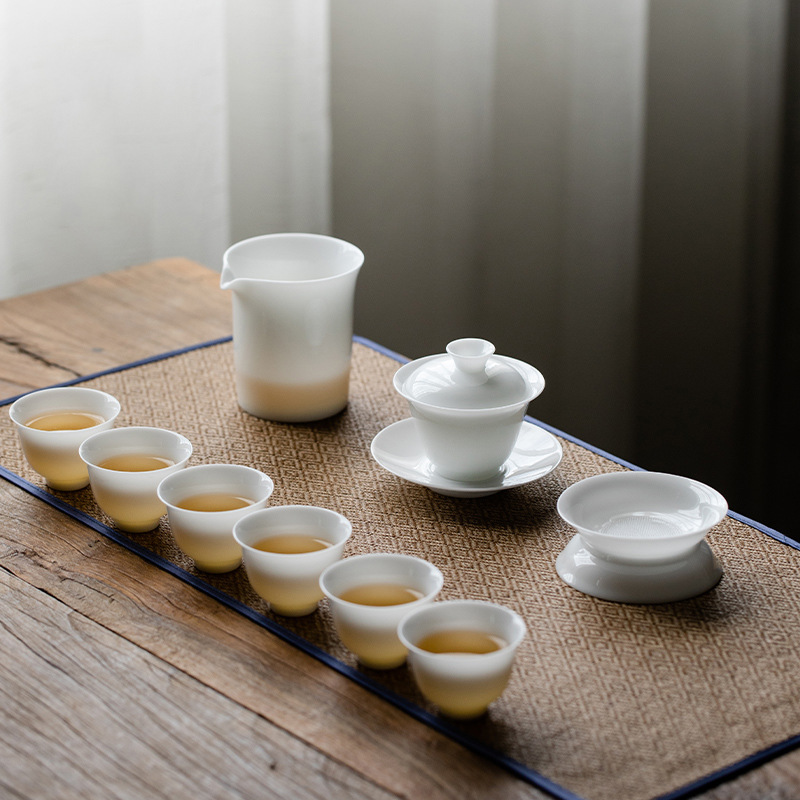 Bộ ấm trà Kung Fu bằng sứ ngọc bích mỡ cừu sang trọng cao cấp bộ đồ gia dụng cốc trà gốm sứ văn phòng có nắp hộp quà