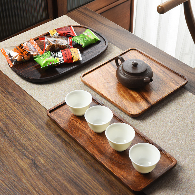Khay trà gỗ óc chó kiểu Nhật, đĩa xốp khô, đĩa ăn bánh Bắc Âu hình tròn, đĩa trà dim sum sushi hình chữ nhật bằng gỗ