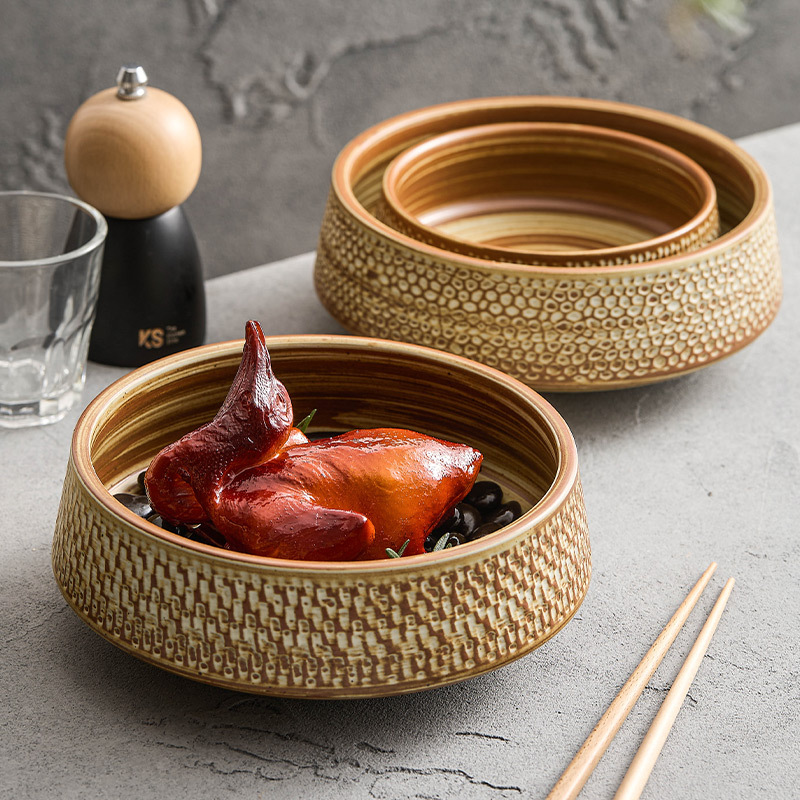 Đĩa ăn gốm thô bát canh cao cấp, đĩa mì ống sâu gia dụng, bát đĩa cổ điển, đĩa bày món ăn nghệ thuật, bộ đồ ăn khách sạn