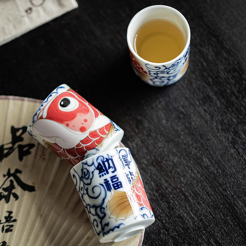 Cốc trà gốm sứ thủy triều cá rồng cốc trà cốc chủ nhân cốc ống thẳng cốc hình thang cốc Miệng Lớn cốc thủ công kiểu Trung Quốc mới