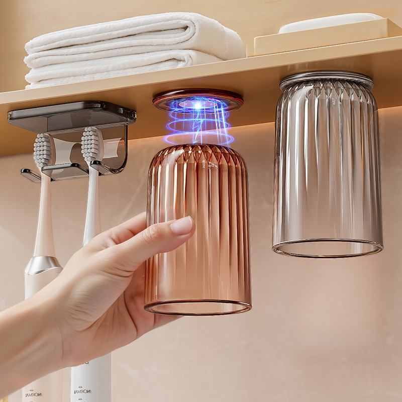 Tủ gương, giá để bàn chải đánh răng từ tính, cốc nước súc miệng có khóa ngược, một gia đình bốn người treo tường không cần đục lỗ, bàn chải đánh răng thoát nước, giá để cốc