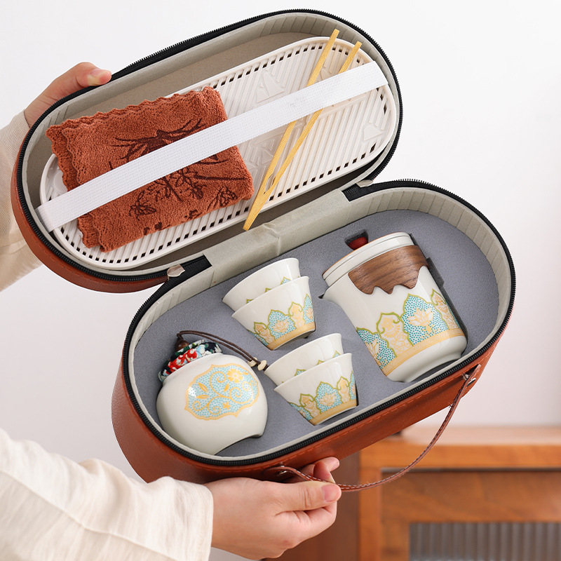 Bộ ấm trà du lịch gốm sứ Julong, ấm trà văn phòng bốn cốc cầm tay ngoài trời, quà tặng