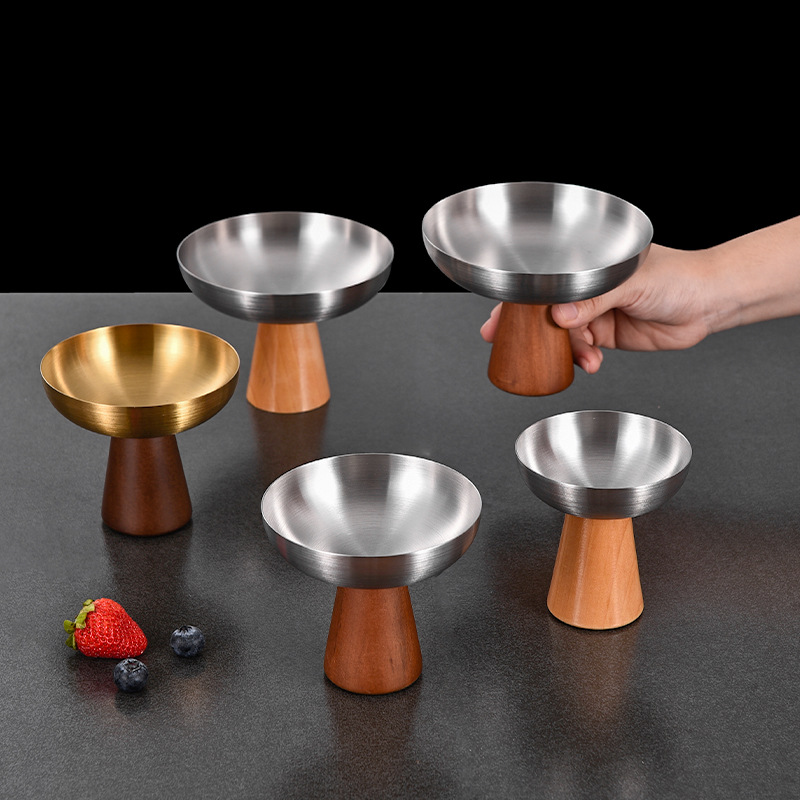 Ly kem inox chân gỗ hình cây nấm, ly sữa chua cao, ly pudding kem, ly trái cây CLB012