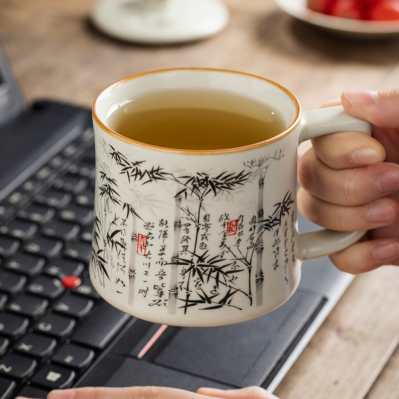 Cốc trà tre mực Ru Kiln cốc nước gốm có nắp cốc cốc cốc uống trà văn phòng cao cấp chuyên dụng cá nhân