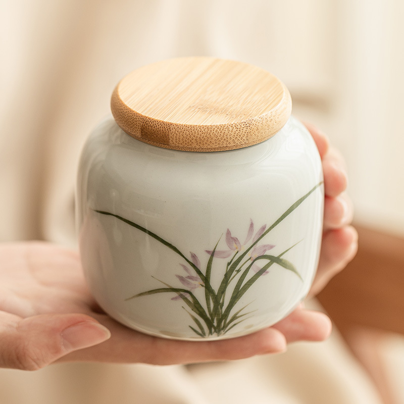 Bình trà gốm sứ hoa lan vẽ tay Bình rỗng Bình lưu trữ trà cầm tay Bình kín chống ẩm Bình trà cỡ nhỏ kiểu Trung Quốc