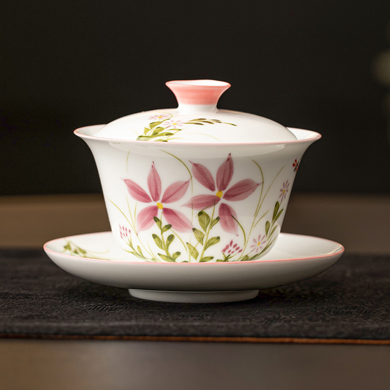 Vẽ tay hoa cúc, chuồn chuồn, bát nắp ba tài, cốc trà, bộ trà Kung Fu gốm sứ dung tích lớn, bát pha trà có nắp dùng trong gia đình