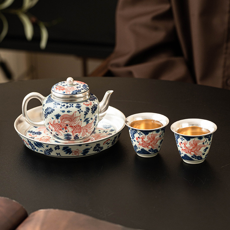 Bộ trà mạ bạc cá vàng chơi nước 999 hộp quà cao cấp một ấm hai chén ấm trà khay trà uống trà dụng cụ pha trà