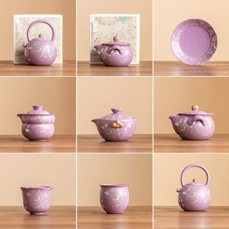 Bộ trà Kung Fu Ru Kiln sản phẩm duy nhất Ấm trà hoa mẫu đơn màu tím tử đinh hương