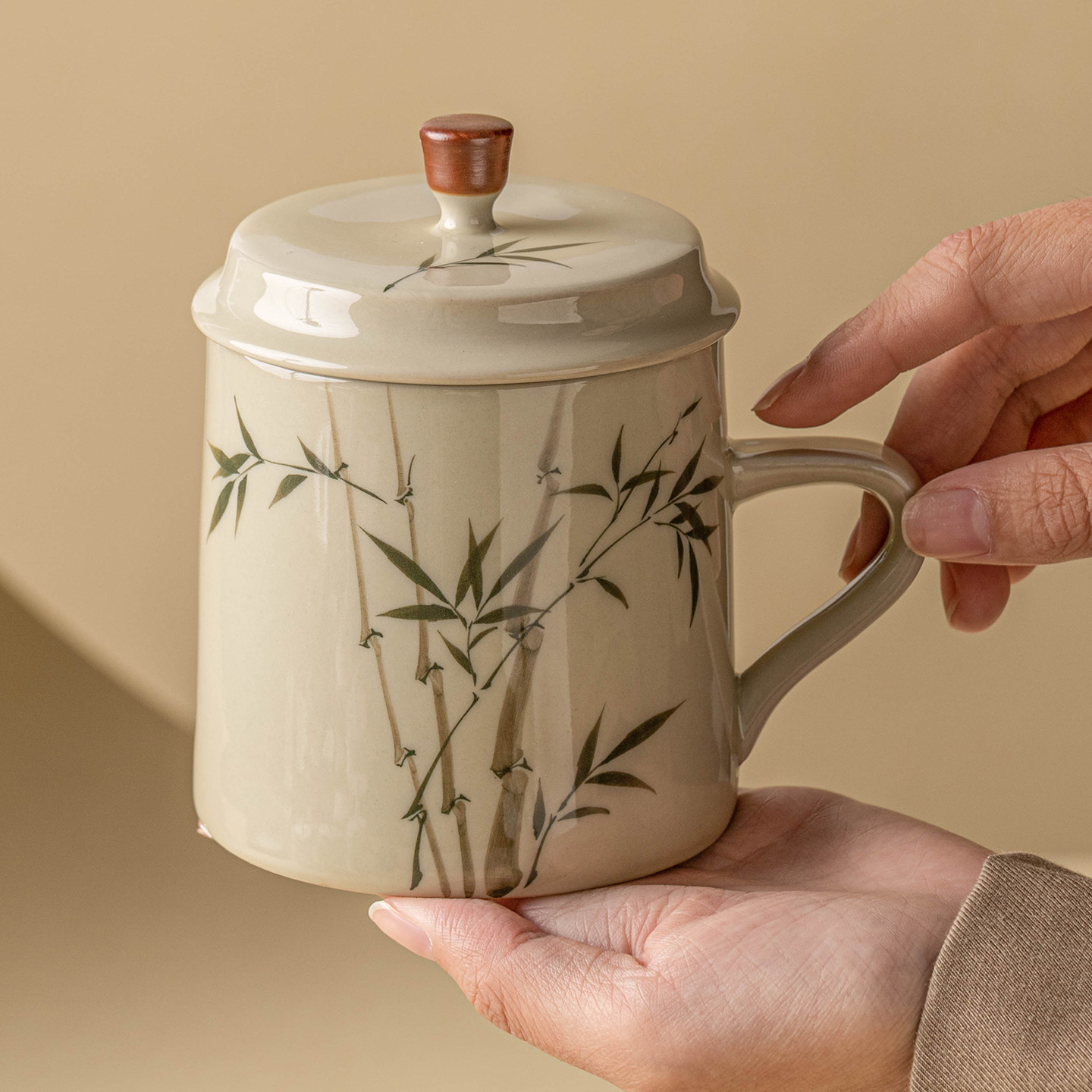 Ly sứ uống trà, cốc nước văn phòng hình măng tây xanh ngọc vẽ tay, cốc uống nước gia dụng dung tích lớn