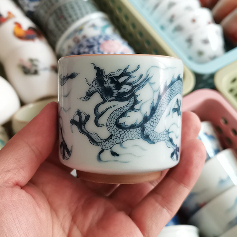 Cốc trà gốm sứ Cảnh Đức Trấn màu xanh và trắng họa tiết rồng Bộ trà Kung Fu cốc chủ cốc đơn cốc miệng thẳng cốc trà cổ cốc trà
