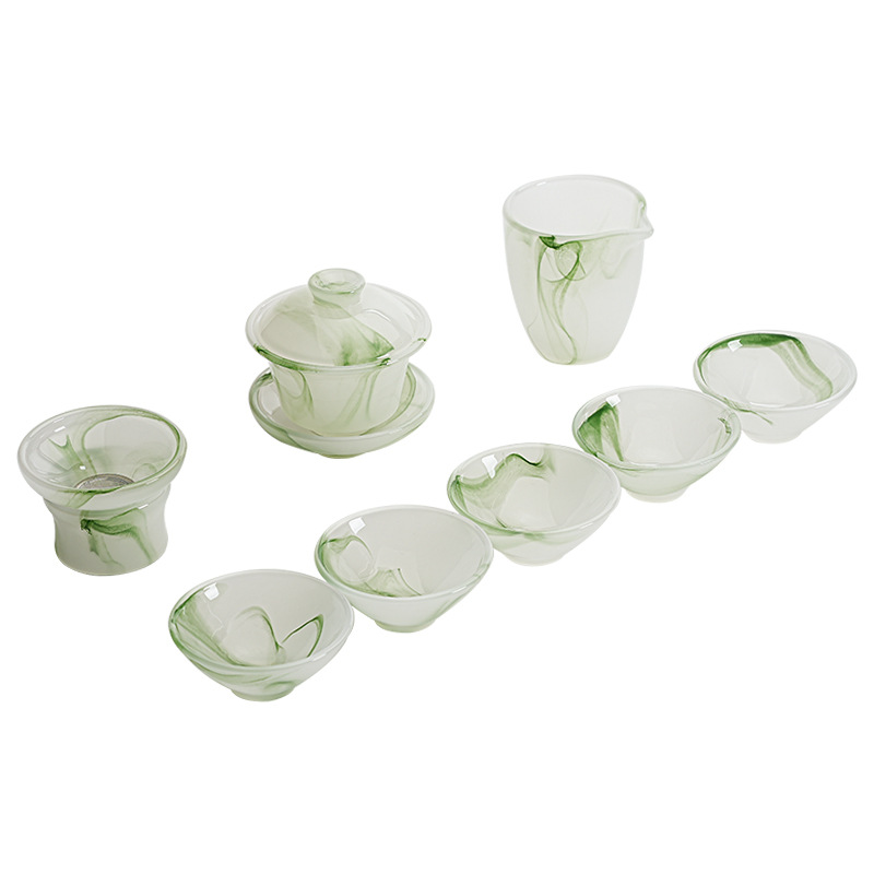 Bộ ấm trà thủy tinh ngọc trắng bộ ấm trà Kung Fu phục vụ khách văn phòng cao cấp gia dụng có nắp bát mũ cốc trà hộp quà