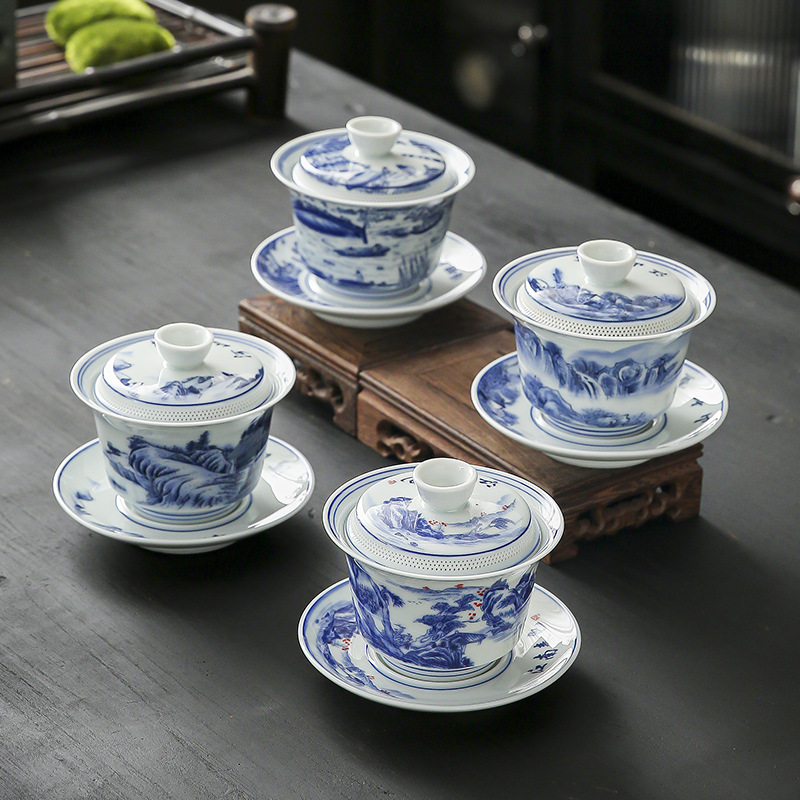 Gaiwan sứ trắng xanh cổ điển, gaiwan ba tài, sứ ngọc trắng, dụng cụ lọc trà nắp ngàn lỗ sáng tạo, bát trà, sự đơn giản của Thiền.