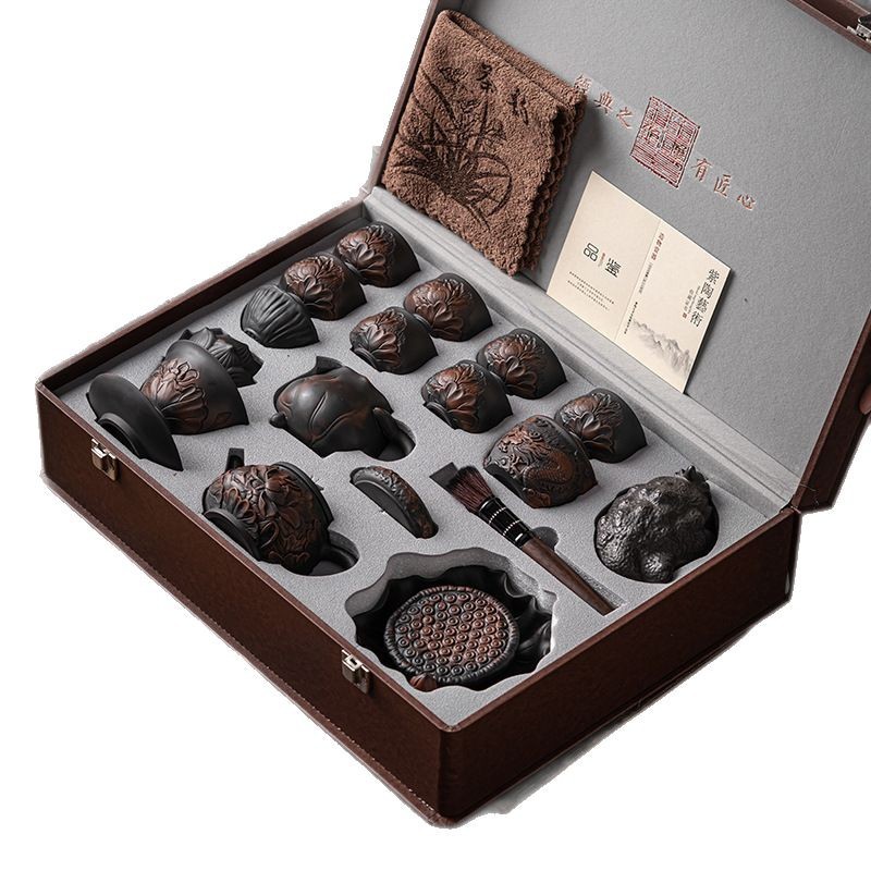 Bộ ấm trà gốm tím cổ điển, ấm trà phòng khách gia dụng kiểu Trung Quốc, ấm trà công phu chạm nổi gốm sứ, quà tặng sang trọng nhẹ nhàng