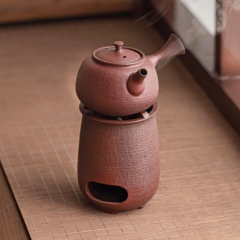 Ấm trà đất sét đỏ bằng gốm thô, bếp pha trà ấm, bộ pha trà, bếp đốt nến cồn đốt than, dụng cụ pha trà cổ điển, bếp pha trà ấm