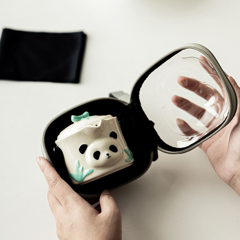 Vẽ tay Panda Kuaike Cup Bộ ấm trà du lịch gốm sứ Một ấm hai cốc cắm trại ngoài trời ô tô cầm tay nhóm pha trà