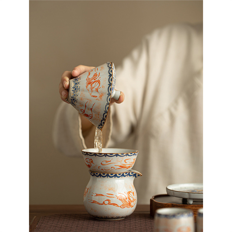 Bộ đồ trà cốc trà Kung Fu dung tích lớn cốc trà Ru Kiln Đôn Hoàng có nắp đậy