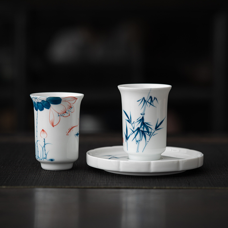 Cốc sứ trắng hoa sen vẽ tay, cốc trà, Cốc thơm, cốc trà nhỏ công phu gốm sứ Wenzhu, cốc đơn màu xanh và trắng, cốc chủ nhân