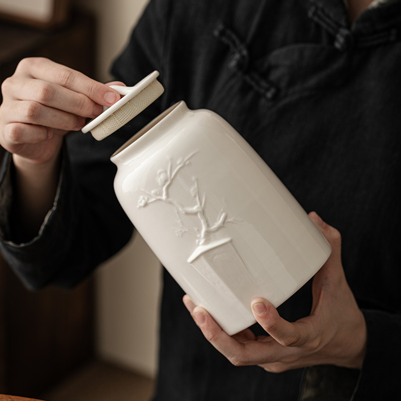 Bình trà hoa mận sứ trắng Dehua, bình kín, Bình Đựng Trà chống ẩm gia dụng, bình trà gốm sứ cao cấp cỡ lớn, bình rỗng