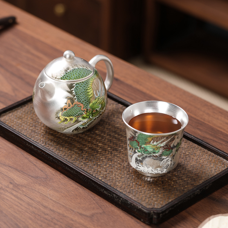 Ấm trà bạc rồng xanh tráng men Dehua ấm trà ngàn hoa mạ bạc bộ trà Kung Fu cao cấp dành cho nữ