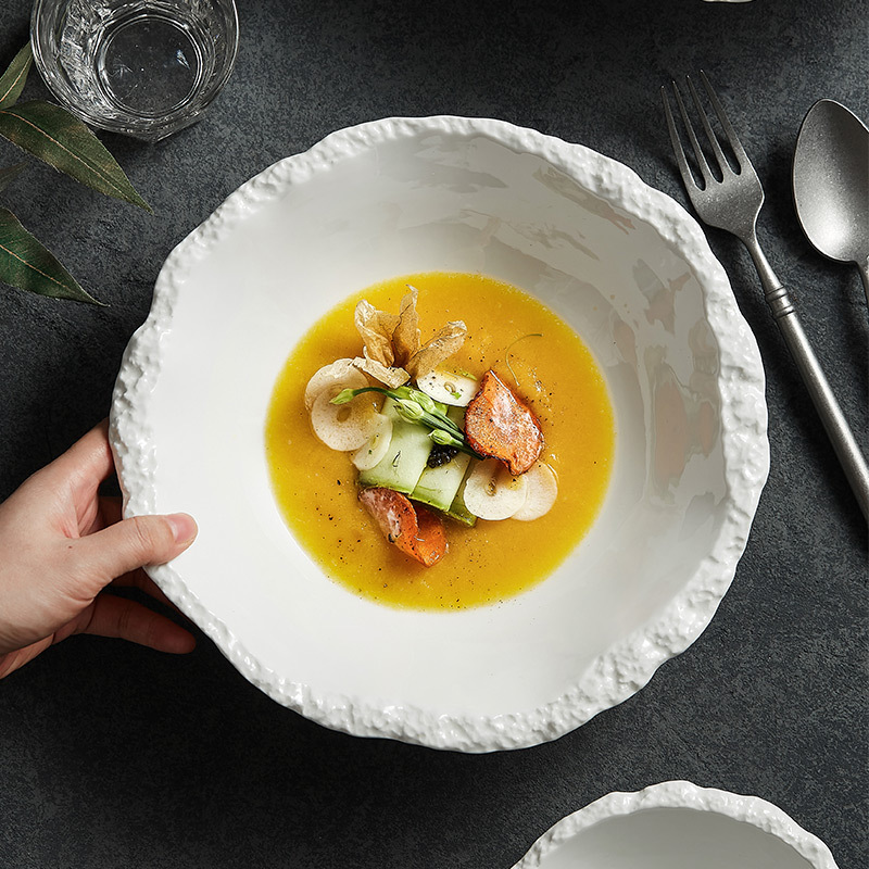 Bát góc nhọn hoa văn đá bát canh gốm trắng bát mì nhà hàng khách sạn đặc trưng Bộ đồ ăn cao cấp Bát salad cỡ lớn