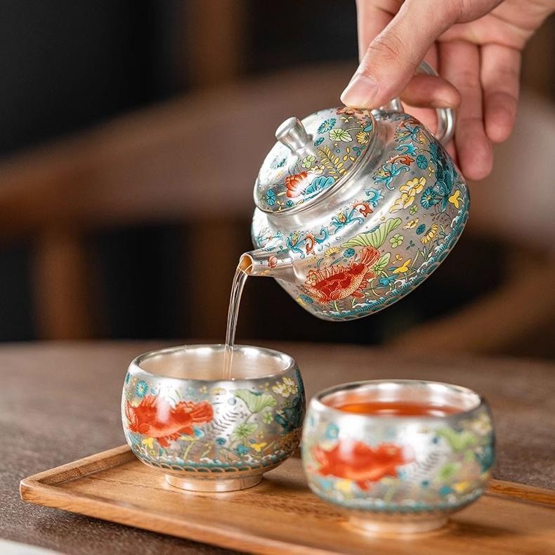 Zhou Hongjie làm thủ công mạ bạc hoa văn cá tảo ấm trà Hàn Quốc dụng cụ pha trà gia dụng cao cấp ấm trà công phu sang trọng ấm trà