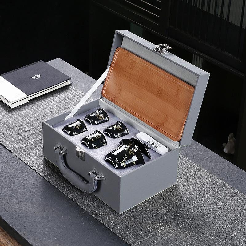 Bộ ấm trà tráng men đen bộ trà du lịch khay trà một ấm bốn chén gia dụng bộ trà có nắp cốc trà quà lưu niệm cao cấp