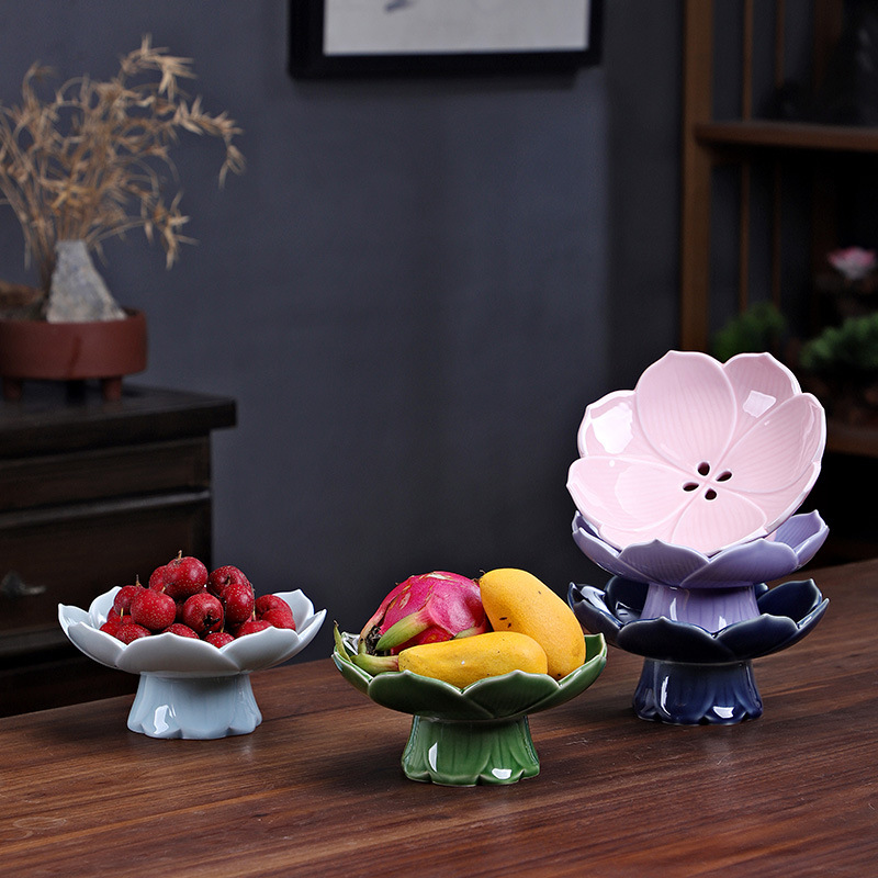 Khay đựng trái cây thoát nước chân cao hoa sen, bàn trà gia dụng phòng khách, khay đựng đồ uống bằng sứ, khay đựng đồ ăn nhẹ tinh tế Kiểu Trung Quốc