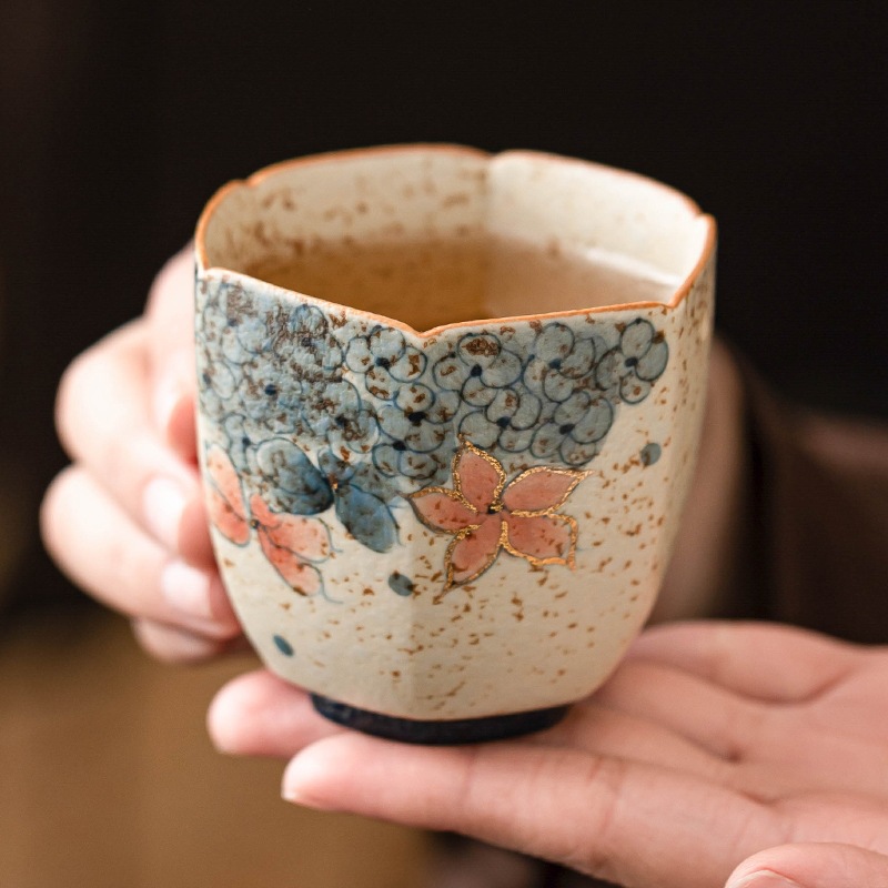 Cốc trà đen đá lửa xanh trắng cốc lục giác hoa cẩm tú cầu sơn vàng dung tích lớn cốc chủ nhân cao cấp cốc trà gia dụng cốc đơn