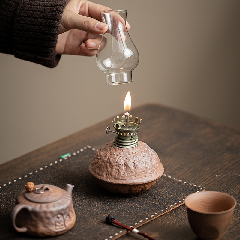 Đèn bơ gốm thô cổ điển phụ kiện bộ trà bùn đá cũ đồ trang trí trang trí để bàn nhà phòng trà đèn ngủ