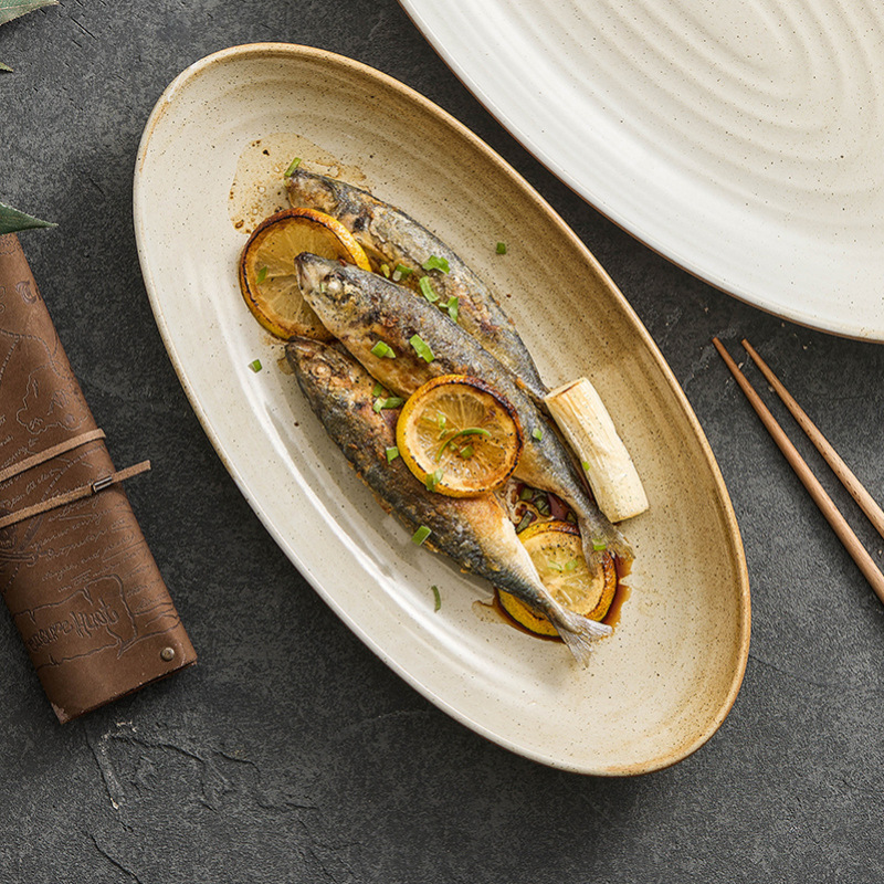 Đĩa cá gốm thô, đĩa hình bầu dục gia dụng, đĩa sâu sáng tạo, đĩa kiểu Trung Quốc cổ điển, đĩa hấp cá có ren cao cấp, đĩa hình Dan