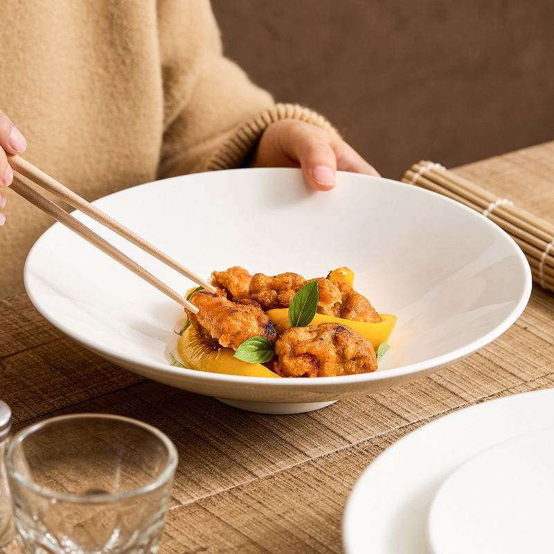 Bộ đồ ăn sứ trắng tinh khiết Dehua, bộ đĩa súp gia dụng, bộ đĩa sứ xương cao cấp.