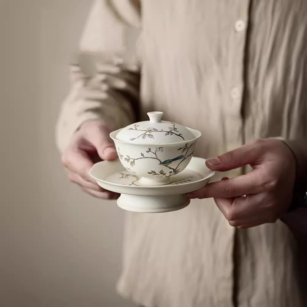 Bát có nắp tam tài Cỡ nhỏ bằng sứ, cành đào tráng men soda, cốc trà gia dụng chim chích chòe, dụng cụ pha trà Kung Fu, bình cầm tay